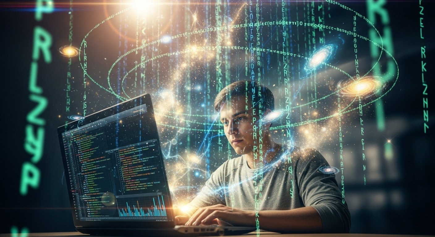 Yazılımcının e-ticaret için kod yazdığı, modern teknolojileri ve veri akışını temsil eden bir görsel