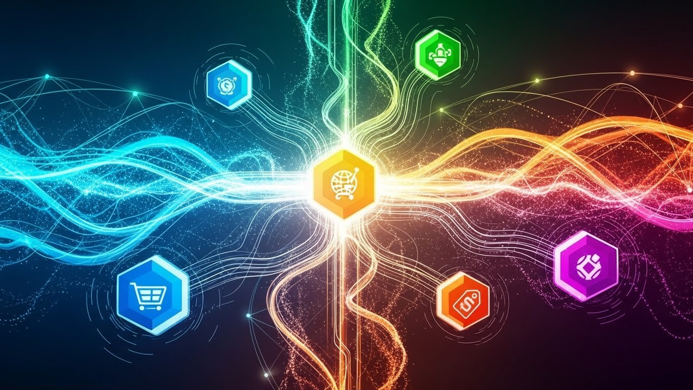 Çeşitli e-ticaret sitelerinin ve pazaryerlerinin logolarının bir araya geldiği, dijital bir ağ içerisinde yer alan bir görsel. Modern arayüzler ve bağlantılı cihazlar. (AI tarafından üretilmiştir.)