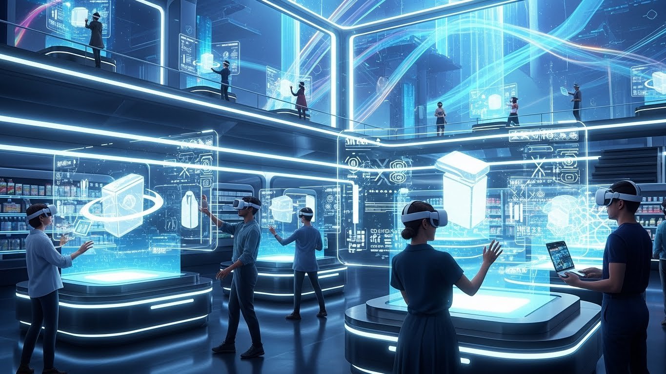 Metaverse'te alışveriş yapan ve sanal ürünleri inceleyen bir müşteri avatarı. Dijital ürünlerin ve hizmetlerin yer aldığı sanal bir mağaza ortamı. (AI tarafından üretilmiştir.)