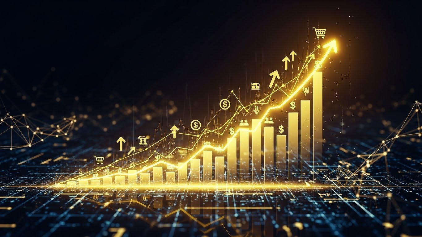 Yükselen bir grafiği ve artan kazançları simgeleyen dijital arayüzlerin olduğu bir görsel. Küresel pazar ve teknolojik ilerlemelerle bağlantılı bir finansal büyüme tablosu. (AI tarafından üretilmiştir.)