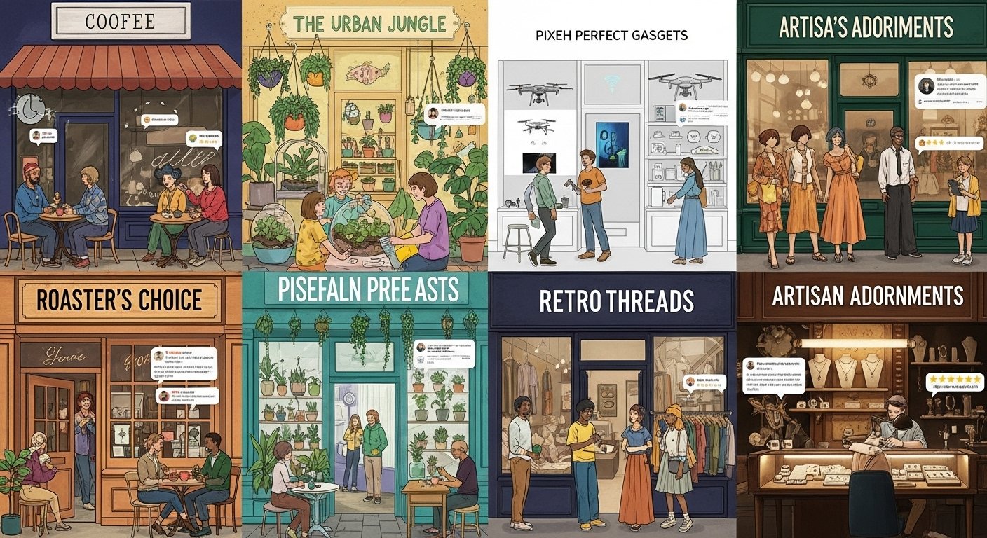 Farklı etnik kökenlerden ve yaş gruplarından insanların bir araya gelerek dijital bir topluluk oluşturduğunu gösteren soyut bir illüstrasyon, e-ticaretin sosyal boyutunu temsil ediyor.