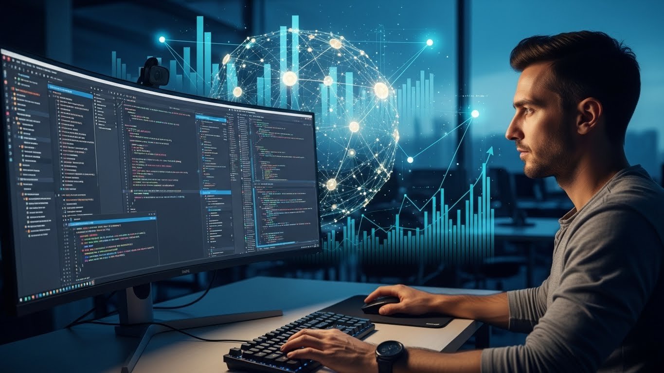 Yapay zeka ve dijitalleşmeyi temsil eden soyut görsel, insan beynini andıran nöral ağ ve dijital veriler