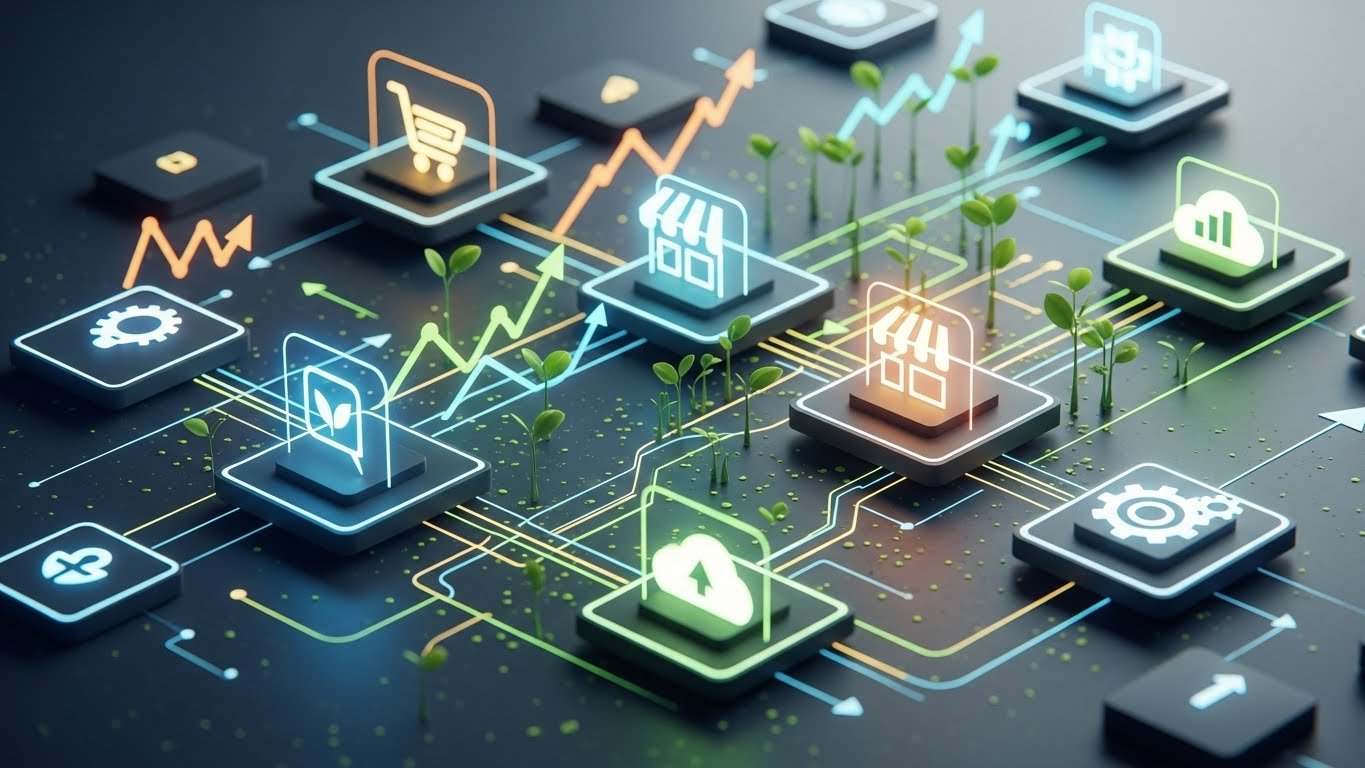 E-ticaretin sürdürülebilir büyüme stratejilerini gösteren dijital grafikler ve ekip çalışması