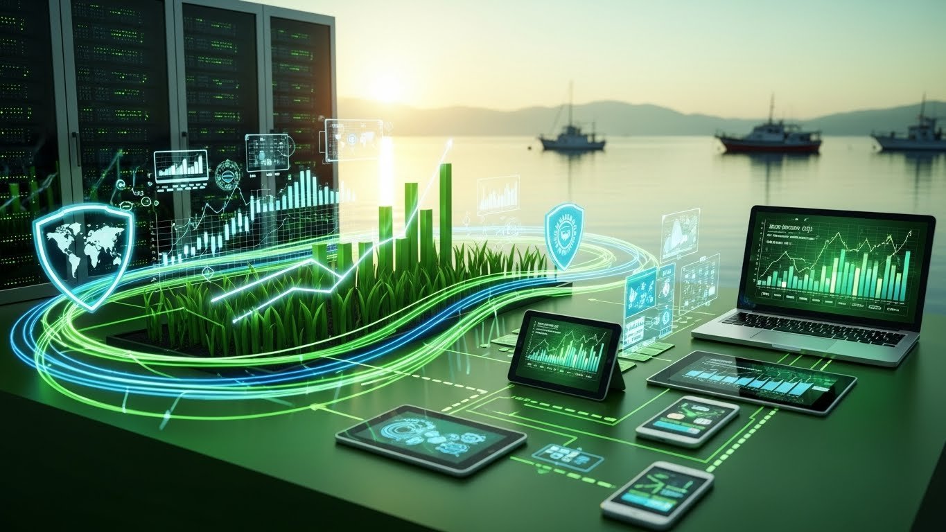 E-ticaret iş modelinde sürdürülebilirliği ve büyümeyi temsil eden bir liman manzarası