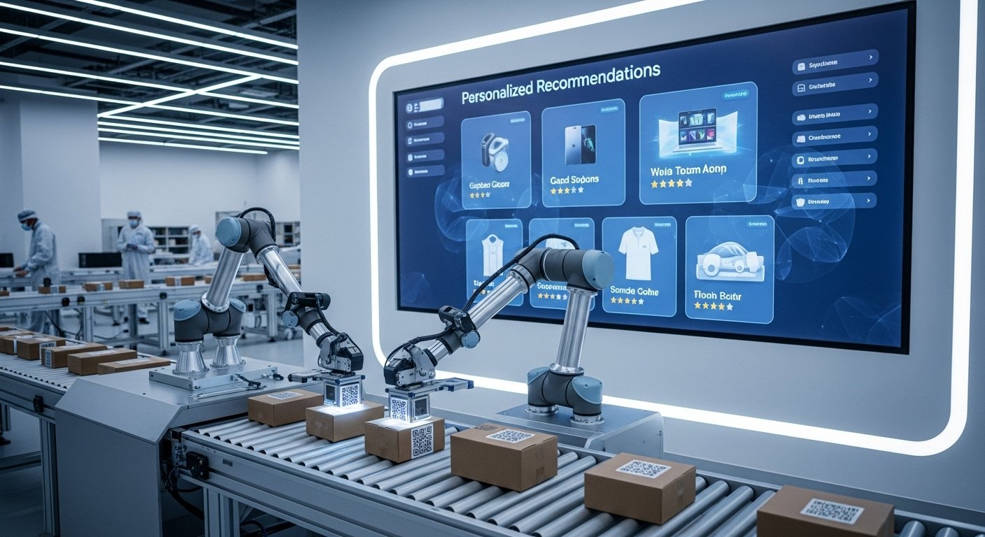 E-ticarette otomasyonun ve yapay zekanın sembolü, robotik kol ve müşteri deneyimi grafikleri