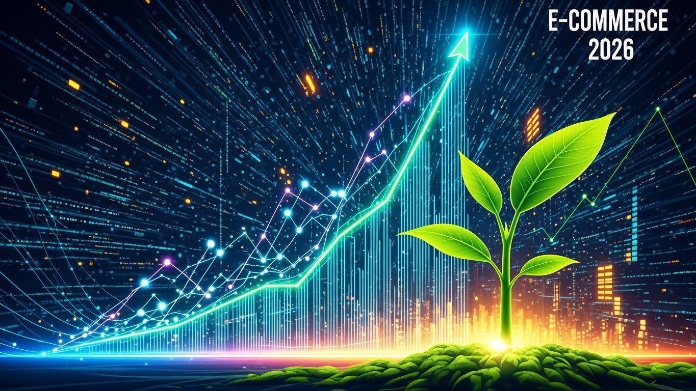 Geleceğin e-ticaretini simgeleyen teknolojik bir arayüz ve küresel ağ bağlantılarını gösteren soyut bir görsel.