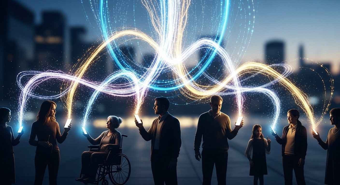 Kişiselleştirilmiş müşteri deneyimini temsil eden, çoklu cihazlarda farklı içeriklerle etkileşim kuran insanlar