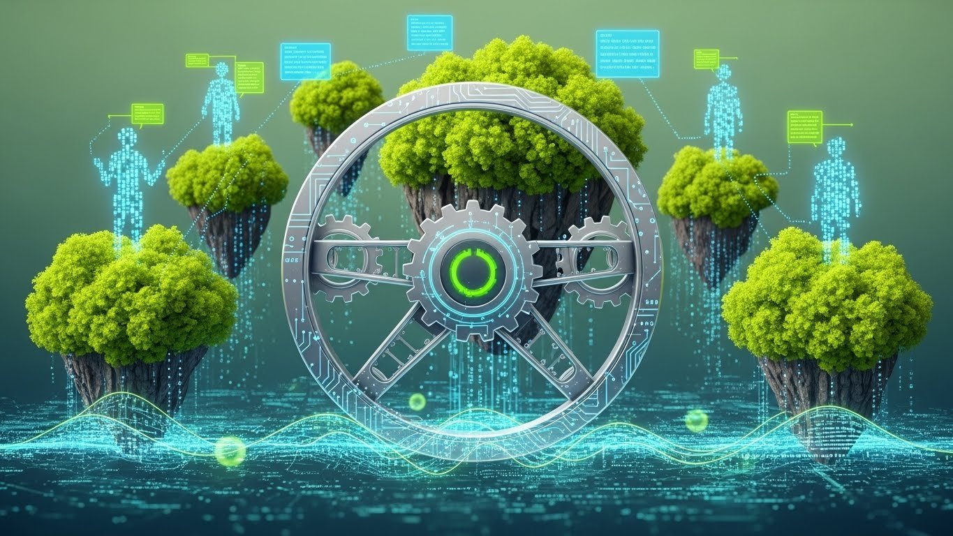 Sürdürülebilir başarıyı ve uzun vadeli büyümeyi ifade eden yemyeşil, geleceğe dönük bir ticaret adası.