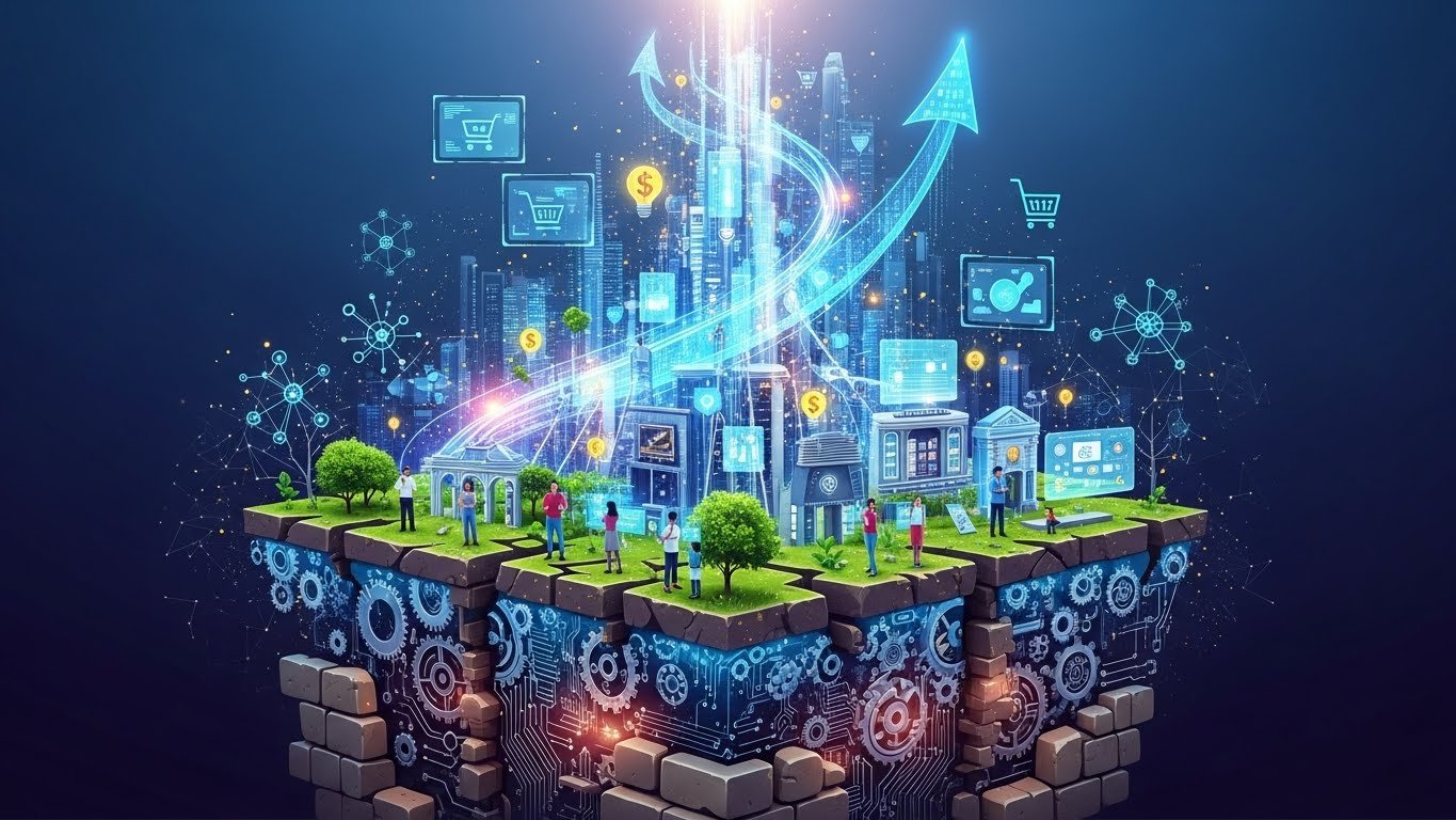 Sürdürülebilir bir e-ticaret imparatorluğunu temsil eden, dijital ağlarla çevrili ve yeşil enerji kaynakları ile beslenen, fütüristik bir şehir silüeti