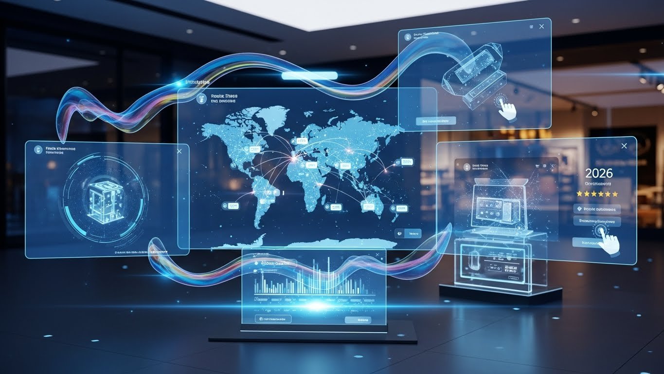 2026 yılında e-ticaretin geleceğini simgeleyen, yenilikçi bir arayüze sahip dijital ekranlar ve grafikler