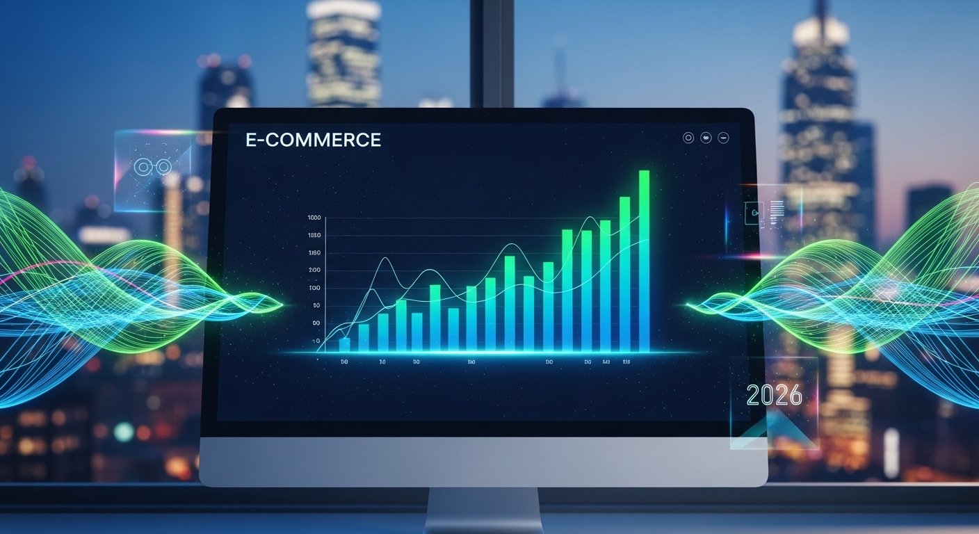 2026 E-ticaretinde veri analiziyle büyüyen dijital ekranlar ve yapay zeka grafiklerinin birleşimi