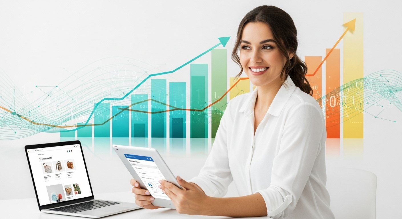 Yazılımcıların e-ticaret platformları üzerinde çalıştığı, kod ekranları ve entegrasyon şemaları gösteren bir görsel