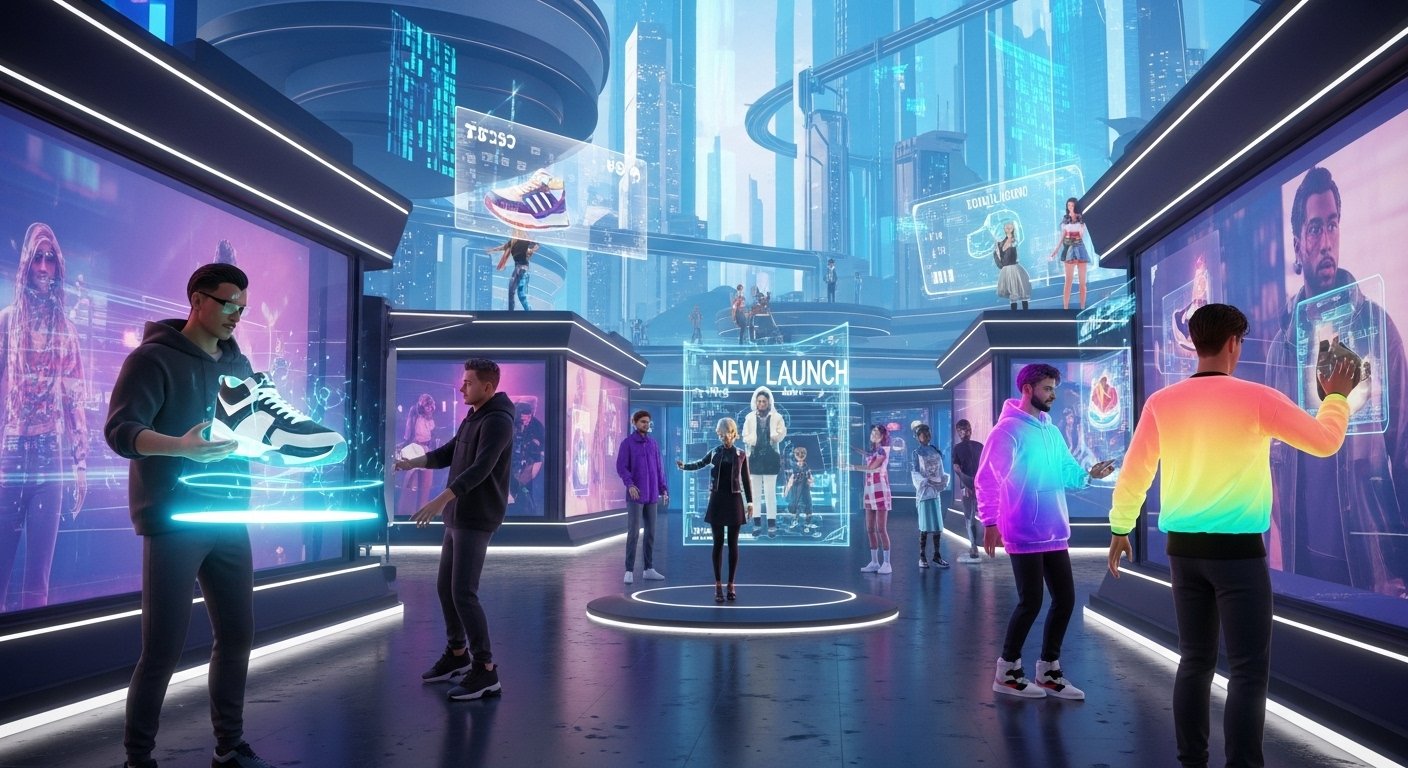 Bir kişinin elinde akıllı telefon ile sesli komut kullanarak alışveriş yapmasını gösteren görsel. Arka planda e-ticaret sitesi arayüzü ve akıllı hoparlörler bulunuyor.