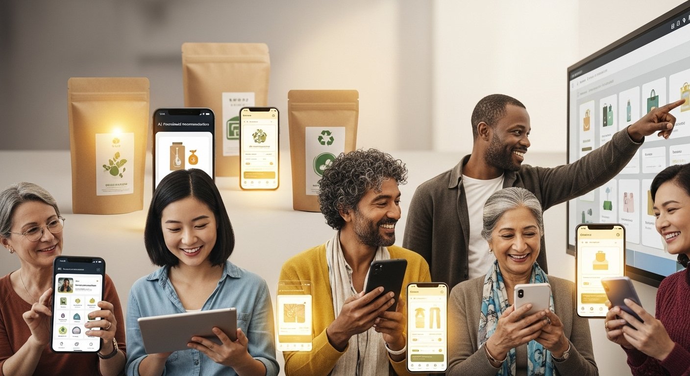 Farklı etnik kökenlerden ve yaşlardan insanların bir e-ticaret markasının etkinliğinde gülümseyerek etkileşim kurduğu, canlı ve samimi bir topluluk atmosferi.