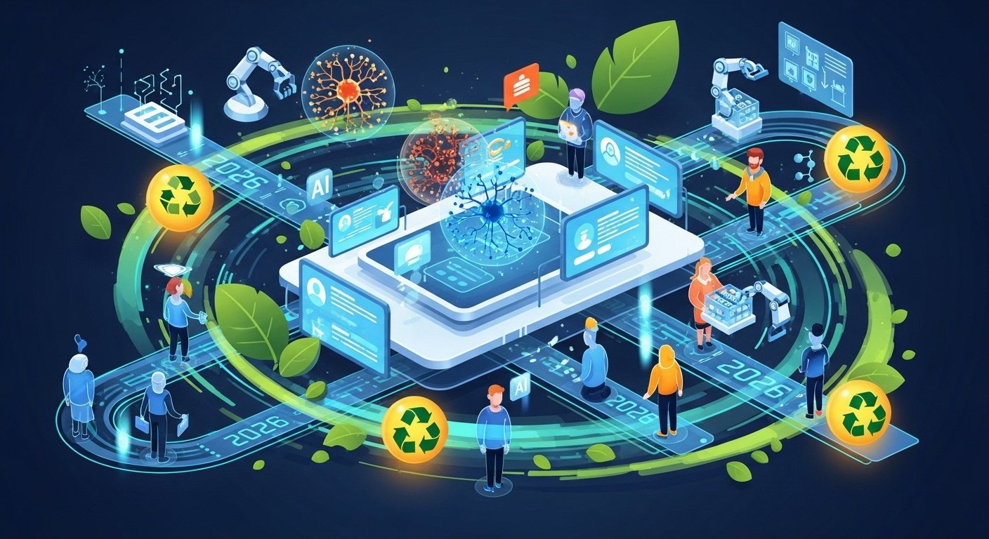 Yeşil enerji kullanan modern bir e-ticaret deposunda çalışan robotlar ve insanlar, sürdürülebilir operasyonları temsil ediyor.