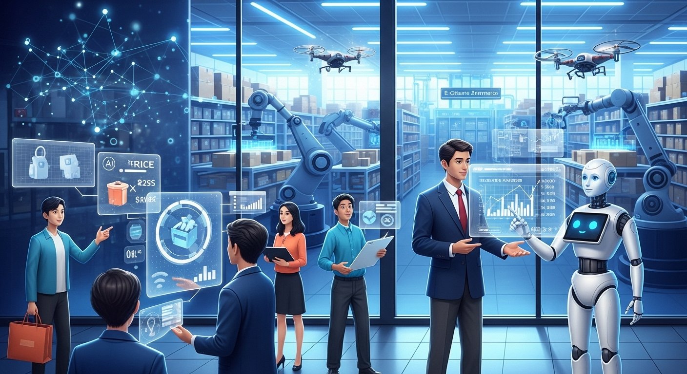 E-ticaretin geleceğini simgeleyen, siber güvenliği ve veri akışını temsil eden dijital ağ ve bağlantılar