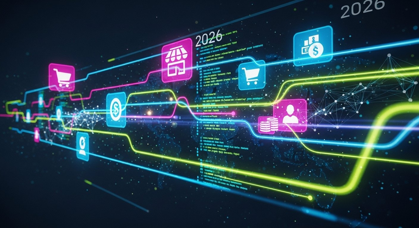 E-ticaretin geleceğini temsil eden dijital bir görsel, veri akışları ve bağlantılar