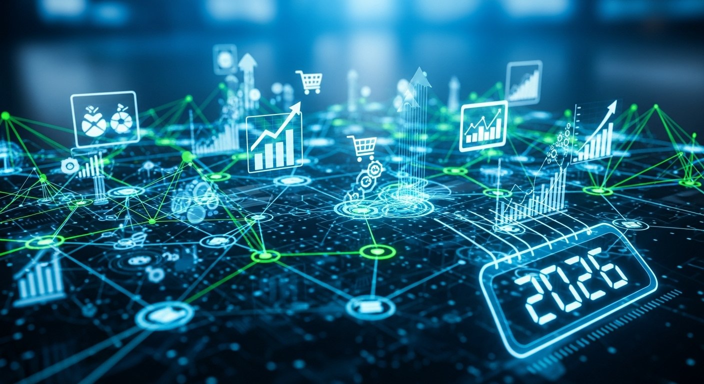 2026'da E-Ticaretin Geleceği, bir e-ticaret uzmanının çoklu dijital ekranlarda pazaryeri stratejilerini analiz ettiğini gösteriyor.