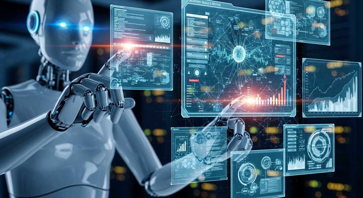 Robotik süreç otomasyonunu (RPA) ve yapay zekayı temsil eden fütüristik bir görsel. Dişliler, algoritmalar ve insan-bilgisayar etkileşimini gösteren soyut unsurlar içeriyor.