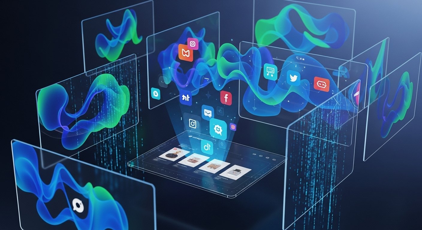 E-ticaret platformları arası entegrasyonu temsil eden dijital bir görsel. Farklı cihazlar ve platformlar arasında veri akışını gösteren bağlantı noktaları ve çizgiler bulunuyor.