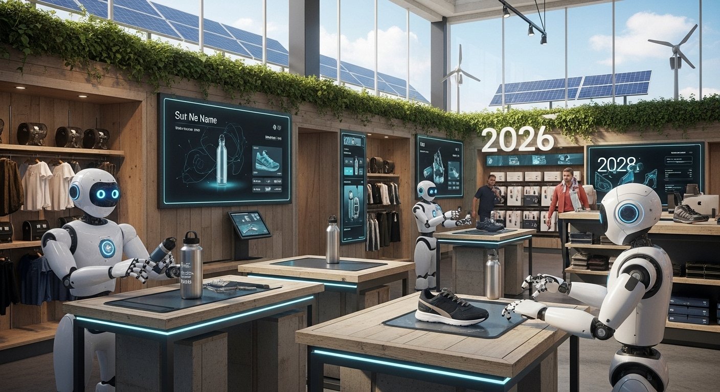 Yapay zeka destekli, fütüristik bir e-ticaret arayüzü ve veri analizi grafikleriyle dolu bir ekran