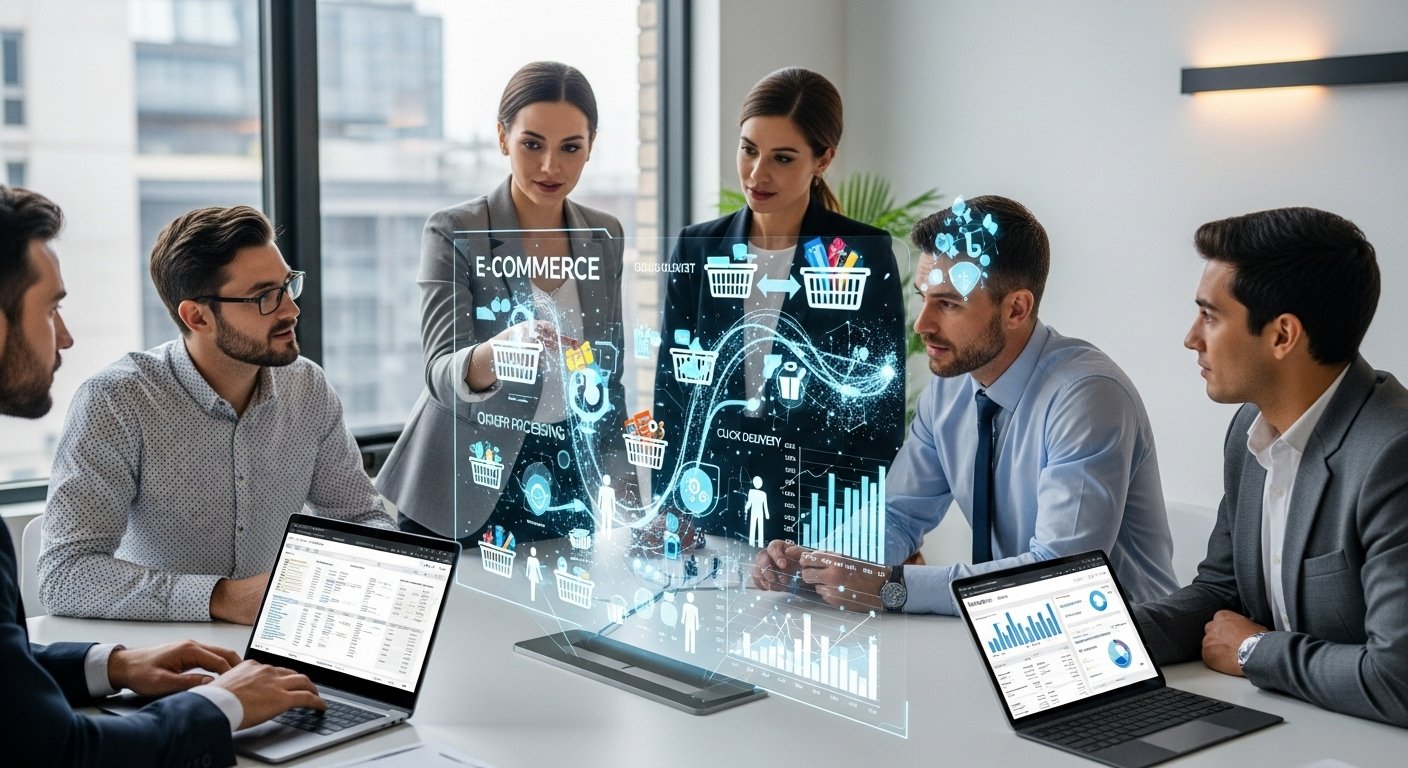 E-ticaret pazarında stratejik planlama yapan iş insanları, veri analizi ve büyüme grafikleri eşliğinde