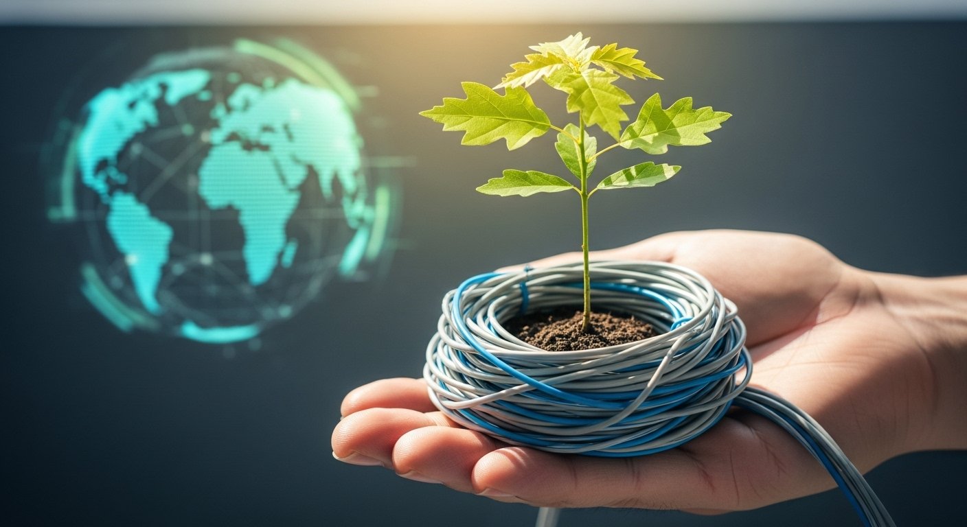 Küresel e-ticaret ağını ve sürdürülebilir enerji kaynaklarını simgeleyen bir görsel, kârlılık ve çevre bilincini birleştiriyor