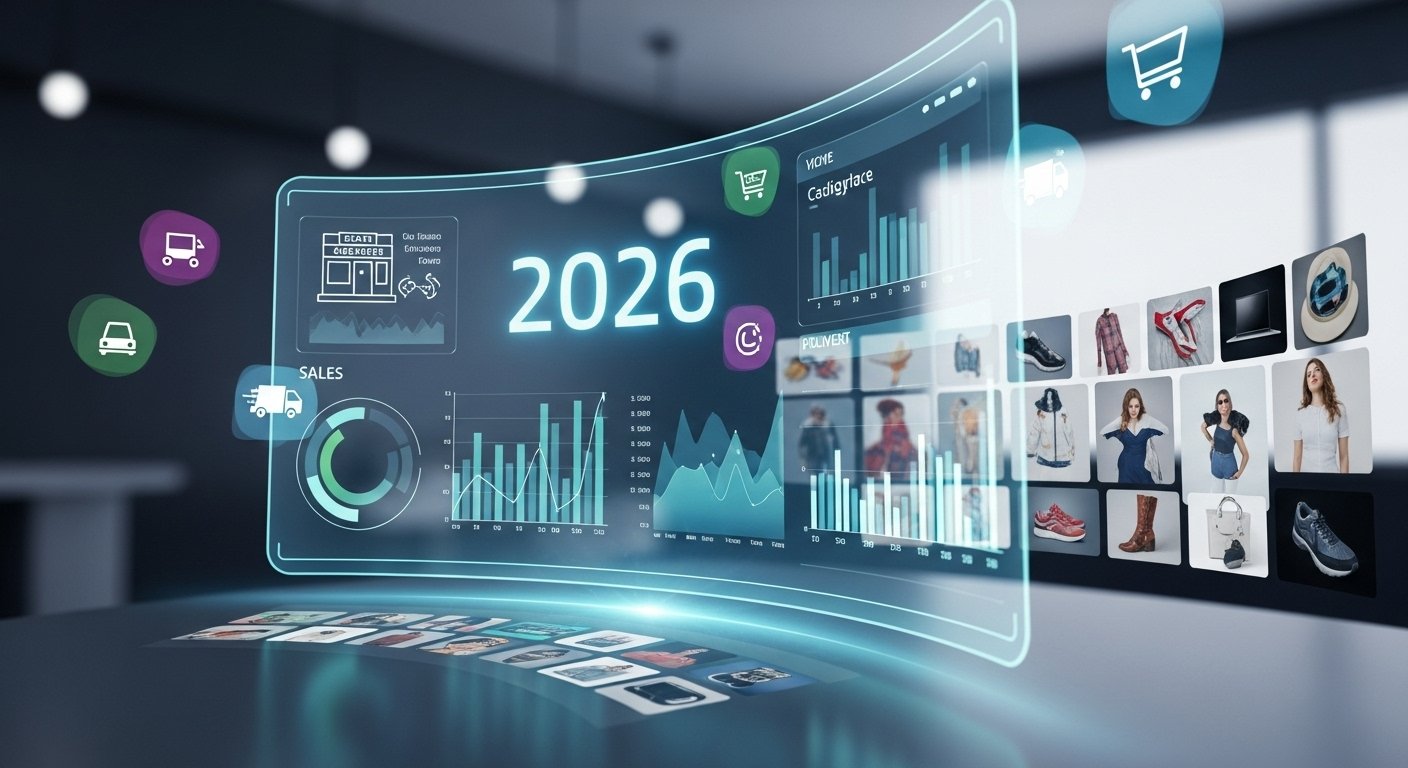 2026 e-ticaret dünyasının dinamiklerini ve küresel pazaryeri eğilimlerini gösteren dijital grafikler.