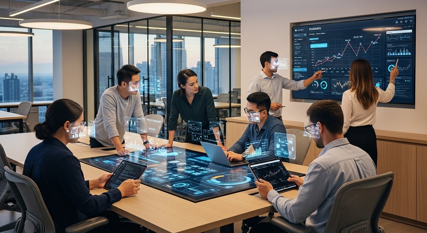 E-ticaret yazılım inovasyonlarını ve yapay zeka destekli platformları simgeleyen kod ve veri akışı.