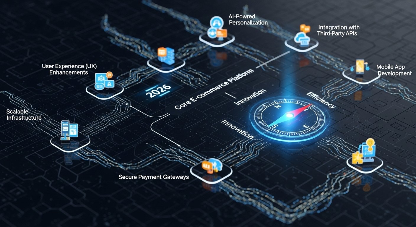 Karmaşık kodlar ve dijital arayüzlerle çevrili, geliştirme aşamasındaki bir e-ticaret yazılımını temsil eden bir görsel.
