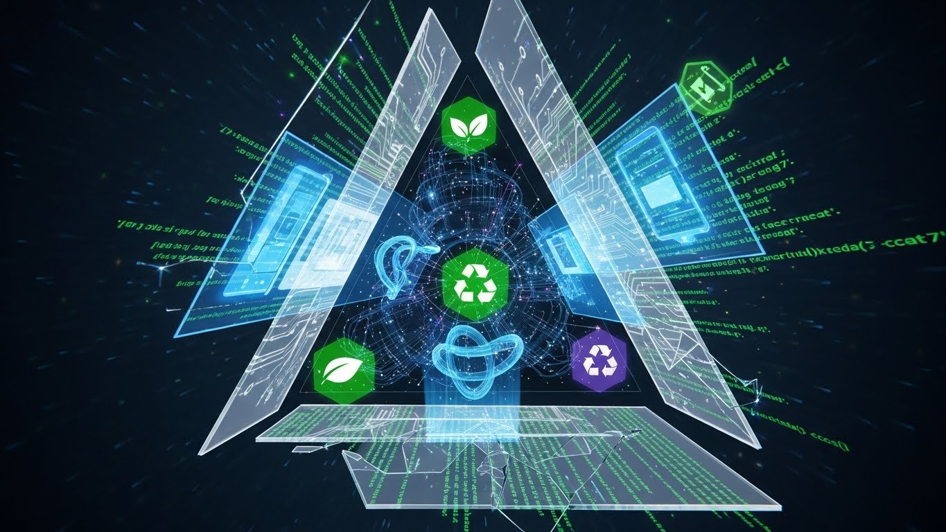 E-ticaretin geleceğini temsil eden dijital bir illüstrasyon, pazaryerlerini, yazılım kodlarını ve sürdürülebilir yeşil elementleri gösteriyor.