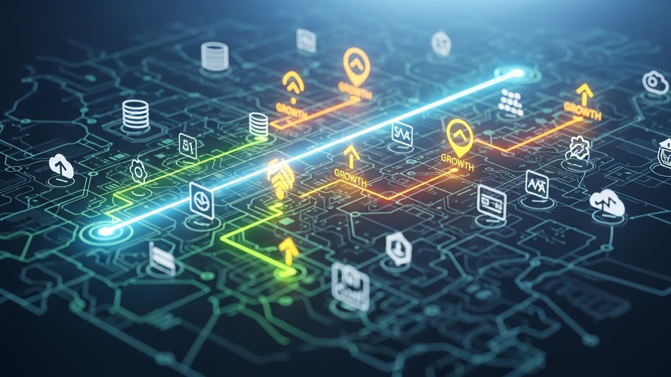 E-ticaret uzmanının stratejik vizyonunu teknolojik bir altyapıyla birleştiren yazılım kodları ve iş akışlarını gösteren soyut bir görsel