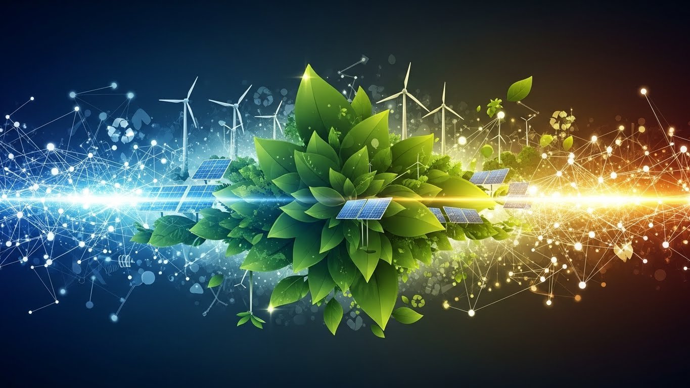 Dijital dönüşümde bir iş adamının laptop başında çalışırken elinde bir tablet tuttuğu, arkada e-ticaret grafikleri ve kod blokları görülen bir görsel.