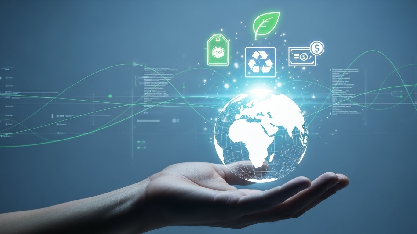 E-ticarette sürdürülebilir ticaretin yükselişini, yeşil teknolojiler, çevre dostu lojistik ve döngüsel ekonomi sembolleriyle gösteren görsel.