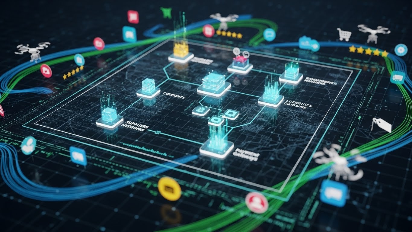 Pazaryerlerinin karmaşık yapısını ve dönüşümünü temsil eden dijital bir görsel