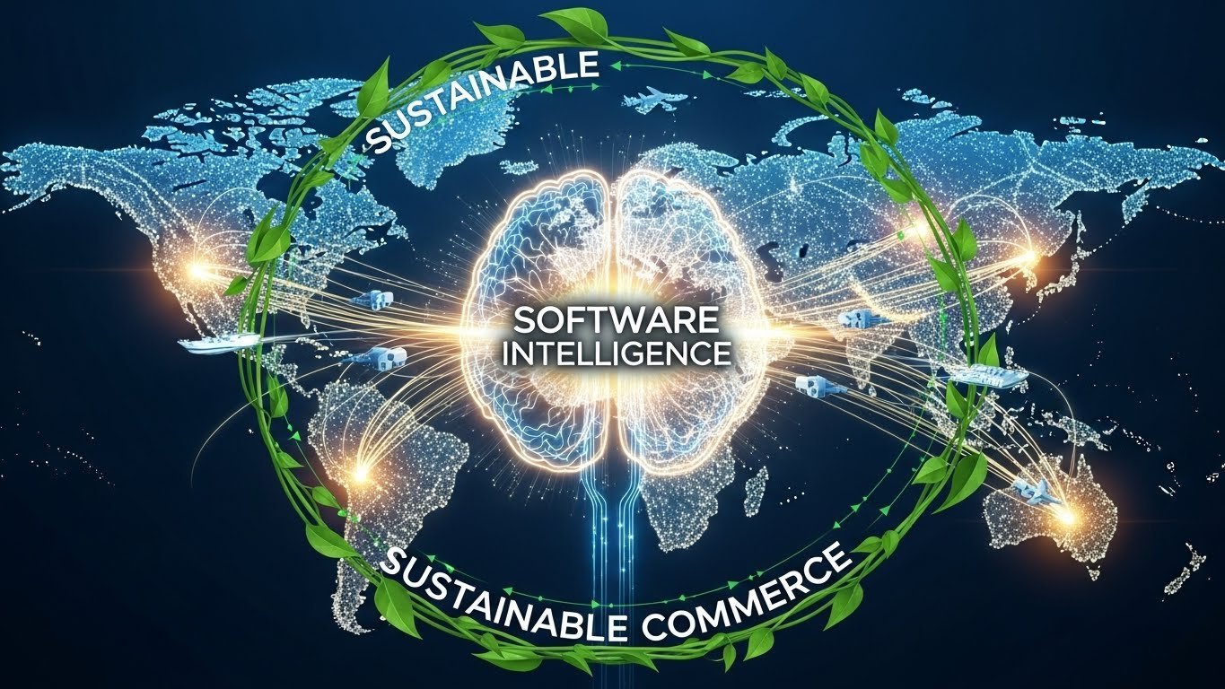 E-ticarette yapay zeka ve yazılım zekasının rolünü gösteren bir yazılımcı, kod ve veri grafikleriyle çevrili